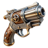 beautiful minimalist impressive contemporary A steampunk pistol, polished silver and wood grain grip, intricate engravings, dramatic lighting, highly realistic high resolution high quality png