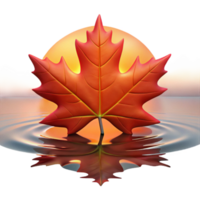 wonderful rustic stunning artistic A single, perfect red maple leaf, backlit by a golden sunset, drifting down onto a still pond reflecting the twilight sky, hyperrealistic, 8k, high resolution 4K png