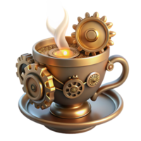 wonderful rustic impressive modern A steampunk teacup, adorned with gears and cogs, emitting steam and a soft golden glow, against a dark backdrop. Still life, photorealistic original genuine png