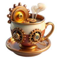 beautiful modern wonderful artistic A steampunk teacup, adorned with gears and cogs, emitting steam and a soft golden glow, against a dark backdrop. Still life, photorealistic authentic 4K png
