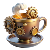 impressive contemporary stunning minimalist A steampunk teacup, adorned with gears and cogs, emitting steam and a soft golden glow, against a dark backdrop. Still life, photorealistic original genuine png