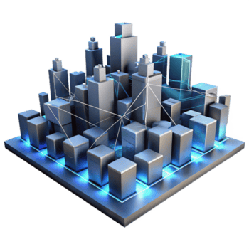 levendig rustiek verbijsterend hedendaags een abstract interpretatie van een stadsgezicht, gevisualiseerd net zo een netwerk van onderling verbonden, gloeiend lijnen en vormen, weergegeven in koel blues en grijzen, lit door een vaag,... png