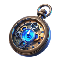 magnificent rustic vibrant modern A close up of a steampunk pocket watch, intricate gears and springs visible, glowing blue energy emanating from within, dark background with a single light... png