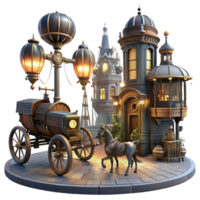 magnificent artistic serene rustic A Victorian era street scene transformed with steampunk elements, flying machines and robotic horses, illuminated by gaslights and searchlights, cinematic... png