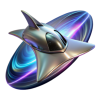 impressive creative magnificent abstract A sleek, chrome spaceship, shaped like a manta ray, emerges from a wormhole, trails of iridescent energy swirling behind it, illuminated by the harsh glare... png