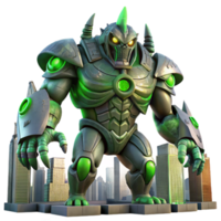 beautiful modern elegant artistic A gigantic, bio mechanical creature, with glowing green eyes and chitinous armor, rampaging through a futuristic city, illuminated by the flashing lights of... png