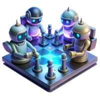 beautiful contemporary elegant abstract A group of robots, playing a game of futuristic chess in a dimly lit, smoky bar, illuminated by neon signs and flickering holographic projections... png