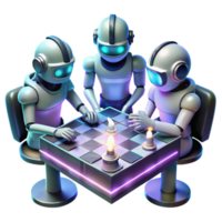serene traditional dramatic traditional A group of robots, playing a game of futuristic chess in a dimly lit, smoky bar, illuminated by neon signs and flickering holographic projections detailed... png