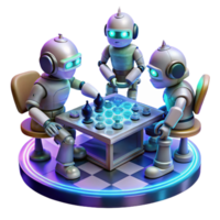 beautiful vintage extraordinary minimalist A group of robots, playing a game of futuristic chess in a dimly lit, smoky bar, illuminated by neon signs and flickering holographic projections... png