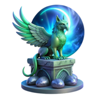 extraordinary artistic stunning traditional A majestic griffin perched atop a crumbling obsidian tower, bathed in the ethereal glow of a triple moon, feathers shimmering with iridescent blues and... png