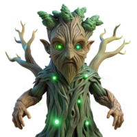 dramatic modern serene creative An ancient tree spirit emerging from a gnarled willow, its bark covered in glowing runes, eyes of pure emerald light, surrounded by fireflies, ethereal and... png