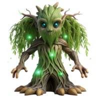 dramatic creative wonderful rustic An ancient tree spirit emerging from a gnarled willow, its bark covered in glowing runes, eyes of pure emerald light, surrounded by fireflies, ethereal and... png
