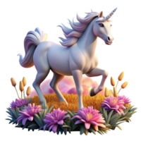 magnificent artistic stunning abstract A majestic unicorn with a silver mane and tail galloping through a field of crystalline flowers, bathed in the warm light of a setting sun, hyperrealistic,... png