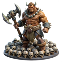 stunning abstract beautiful modern A fierce orc chieftain wielding a massive axe, adorned with tribal markings and furs, standing triumphantly on a pile of skulls, dramatic lighting, gritty and... png