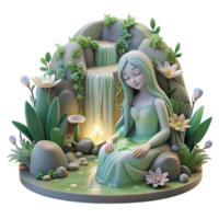 extraordinary rustic serene traditional A serene forest nymph resting by a waterfall, surrounded by glowing flora and fauna, soft, natural lighting, peaceful and ethereal.... png