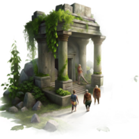 magnificent abstract extraordinary artistic A group of adventurers exploring a lost temple overgrown with vines and ancient ruins, dappled sunlight filtering through the canopy, mysterious and... png