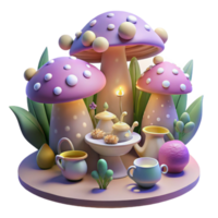 impressive modern beautiful artistic A whimsical tea party hosted by a group of forest sprites, surrounded by glowing flowers and mushrooms, soft, pastel colors, dreamlike and charming.... png