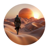 impressive traditional elegant rustic A lone wanderer traversing a vast desert landscape, silhouetted against a twin sunset, desolate and atmospheric, science fantasy style, Moebius exclusive... png