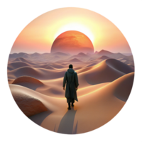 extraordinary artistic dramatic minimalist A lone wanderer traversing a vast desert landscape, silhouetted against a twin sunset, desolate and atmospheric, science fantasy style, Moebius high... png