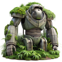 beautiful vintage dramatic abstract A colossal, ancient robot slumbering in a overgrown jungle, vines and moss covering its metallic form, mysterious and intriguing, Wayne Barlowe, science... png