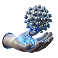 impressive minimalist elegant classic A swarm of nanobots, resembling shimmering silver dust motes, forming the shape of a human hand reaching towards a glowing orb of data, illuminated by a cool,... png