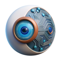 magnificent minimalist beautiful contemporary A close up of a bionic eye, its iris a complex network of glowing circuits, reflecting a binary code stream, illuminated by a sharp, focused white... png