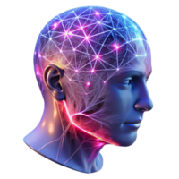 serene classic magnificent abstract A transparent human head, filled with intricate networks of neural connections firing with electrical impulses, illuminated by a pulsating pink and blue light... png