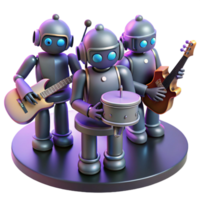 beautiful traditional extraordinary creative A group of stylized robots, each with unique designs and glowing accents, playing musical instruments in a smoky, dimly lit jazz club high resolution... png