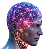 serene minimalist vibrant contemporary A transparent human head, filled with intricate networks of neural connections firing with electrical impulses, illuminated by a pulsating pink and blue... png