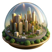 dramatic artistic magnificent contemporary A futuristic city built within a giant biodome, lush vegetation intertwined with advanced technology, illuminated by a warm, golden sunlight filtering... png