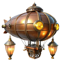 magnificent rustic beautiful artistic A majestic steampunk airship, brass and copper plating gleaming under the warm glow of gaslight lanterns, intricate clockwork gears visible, floating above a... png