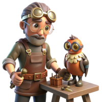 impressive rustic serene rustic A lone steampunk inventor in goggles and leather apron, tinkering with a miniature robotic owl in a dimly lit workshop, tools scattered around, dramatic chiaroscuro... png