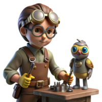 elegant vintage magnificent minimalist A lone steampunk inventor in goggles and leather apron, tinkering with a miniature robotic owl in a dimly lit workshop, tools scattered around, dramatic... png