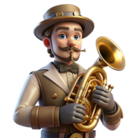 serene classic beautiful vintage A portrait of a steampunk musician playing a brass instrument with mechanical enhancements, soft spotlight on the musician, dark background elements removed high... png