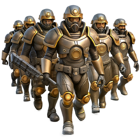 vibrant contemporary wonderful artistic A group of steampunk soldiers in power armor, armed with futuristic weaponry, marching towards the viewer, dynamic lighting and imposing composition genuine... png
