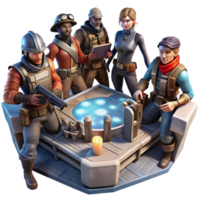 wonderful creative beautiful rustic A group of space pirates, clad in tattered leather and wielding laser pistols, gathered around a holographic map in a dimly lit spaceship cabin, gritty realism... png