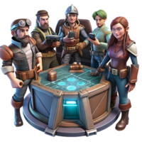 wonderful classic stunning traditional A group of space pirates, clad in tattered leather and wielding laser pistols, gathered around a holographic map in a dimly lit spaceship cabin, gritty... png
