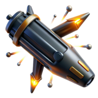serene vintage serene contemporary A futuristic weapon, sleek and black, with glowing energy coils, floating in mid air, surrounded by sparks of electricity, technical illustration style genuine... png