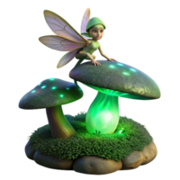 wonderful modern stunning creative A mischievous pixie with iridescent dragonfly wings, perched on a giant, bioluminescent mushroom, casting an eerie green glow on the surrounding moss covered... png