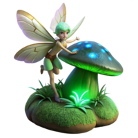 impressive artistic vibrant minimalist A mischievous pixie with iridescent dragonfly wings, perched on a giant, bioluminescent mushroom, casting an eerie green glow on the surrounding moss covered... png