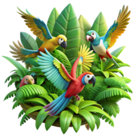 magnificent creative serene rustic A flock of colorful parrots in mid flight, jungle setting with lush green foliage, dynamic and energetic composition, digital painting style high quality... png
