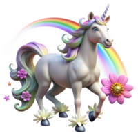beautiful classic extraordinary creative A majestic unicorn with a silver coat and a spiral horn radiating rainbow light, galloping through a field of ethereal, glowing flowers.... png