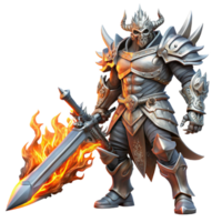 wonderful abstract vibrant rustic A powerful warrior wielding a flaming sword, clad in ornate, silver armor, facing down a shadowy, monstrous figure.... png