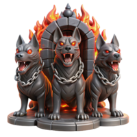 stunning classic elegant artistic Cerberus, the three-headed dog guarding the gates of Hades, depicted with fiery breath and glowing red eyes, chains of blackened iron binding him to the gate.... png