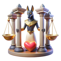 magnificent contemporary beautiful modern Anubis weighing a heart against a feather in the Hall of Judgment, the scales glowing with an otherworldly light, hieroglyphs covering the walls.... png