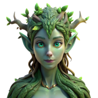 magnificent modern impressive modern A beautiful dryad emerging from an ancient oak tree, her skin covered in bark and moss, her eyes glowing with an ethereal green light.... png