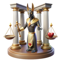 beautiful rustic impressive vintage Anubis weighing a heart against a feather in the Hall of Judgment, the scales glowing with an otherworldly light, hieroglyphs covering the walls.... png