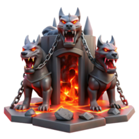 extraordinary vintage beautiful vintage A three-headed Cerberus guarding the gates of the underworld, lava flowing and illuminating the scene with an ominous red glow, chains made of stylized... png