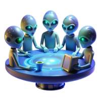 magnificent modern serene creative A group of alien diplomats with iridescent scales and multiple eyes, gathered around a holographic table displaying a galactic map.... png