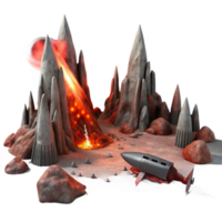 vibrant rustic extraordinary abstract A desolate, alien landscape with jagged rock formations and a blood red sky. A crashed spaceship lies in the foreground, emitting smoke and sparks.... png